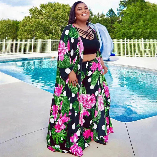 Trendy European and American Ruffle Sleeve Women's Printed Pants Coat Set - Velora