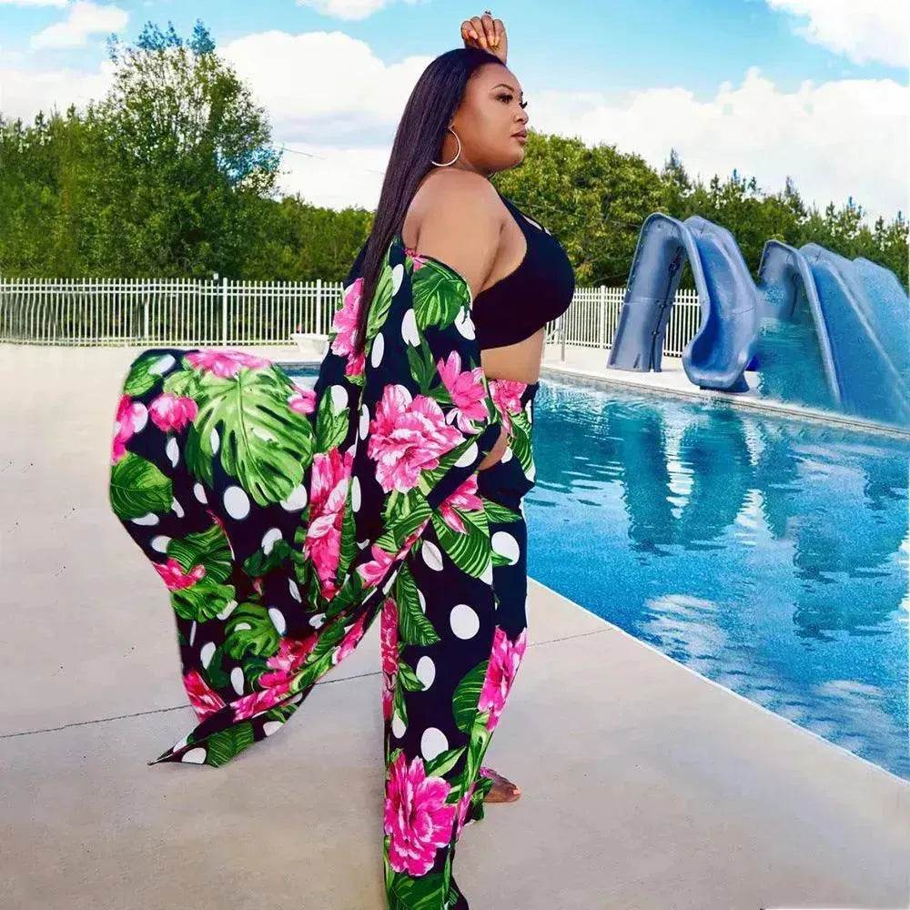 Trendy European and American Ruffle Sleeve Women's Printed Pants Coat Set - Velora