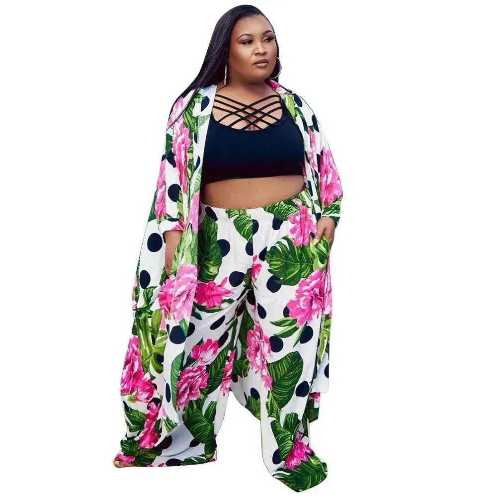 Trendy European and American Ruffle Sleeve Women's Printed Pants Coat Set - Velora