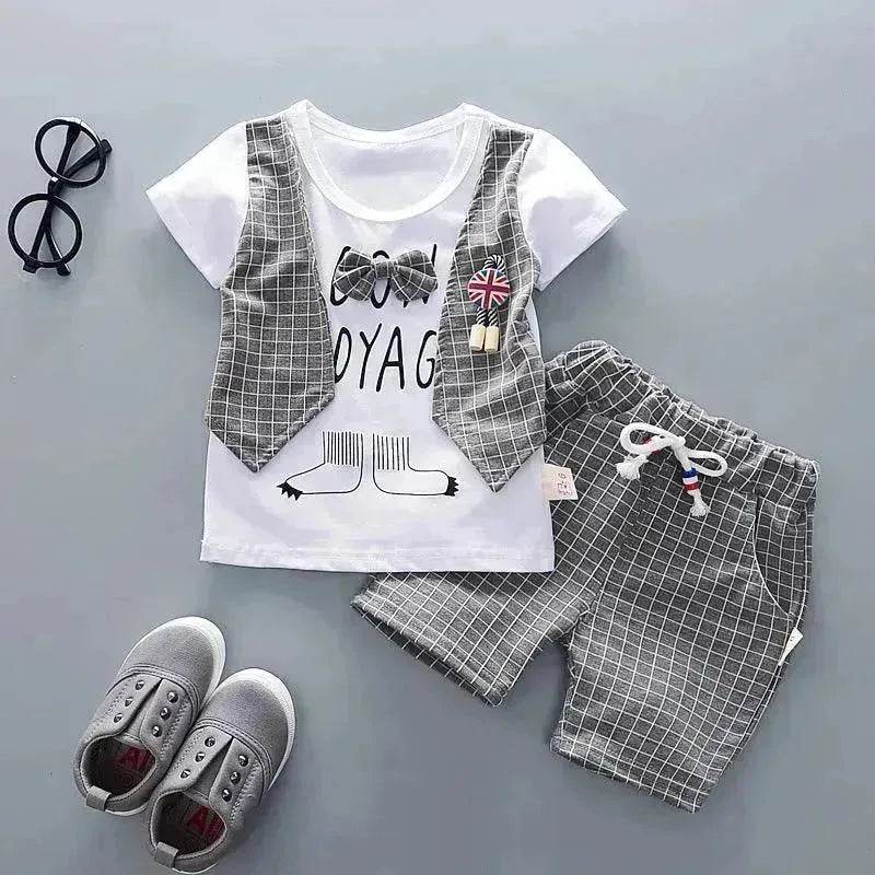 Two-piece Children's Suit With Short Sleeve Shorts And Suspenders Top Shirt - Velora