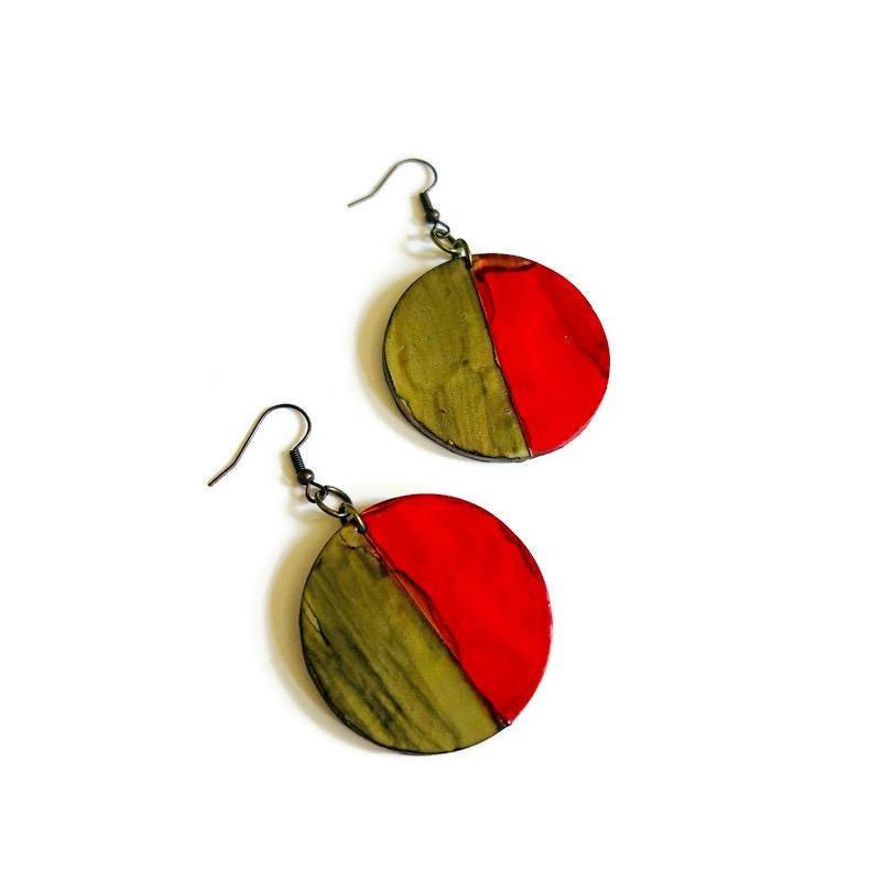 Two Tone Disc Earrings in Red & Grey - Velora Luxury Fashion
