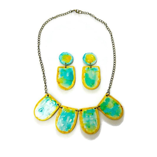 Wearable Art Necklace in Turquoise & Yellow - Velora Luxury Fashion