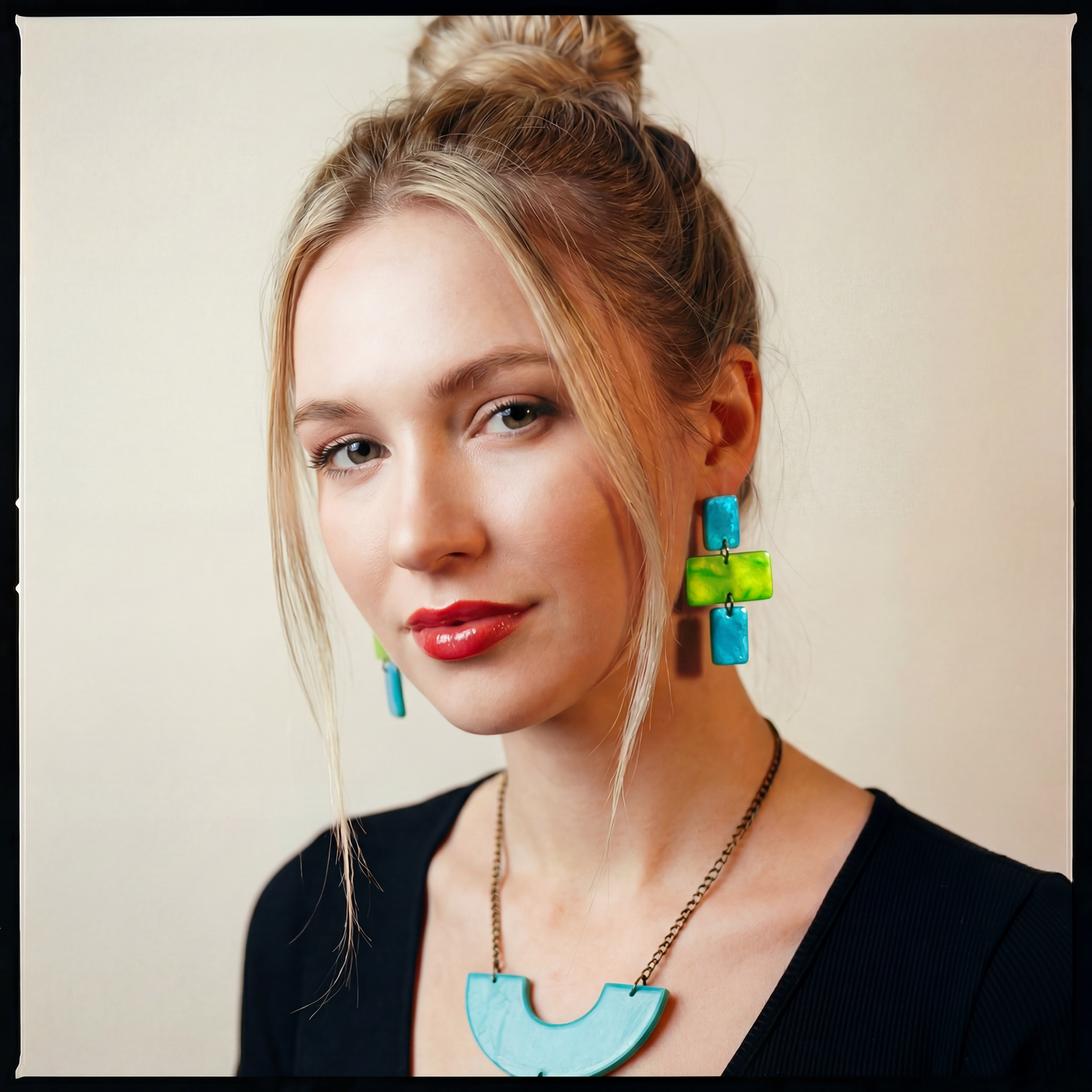 Chunky Geometric Statement Necklace, Post or Clip On Set – Handmade