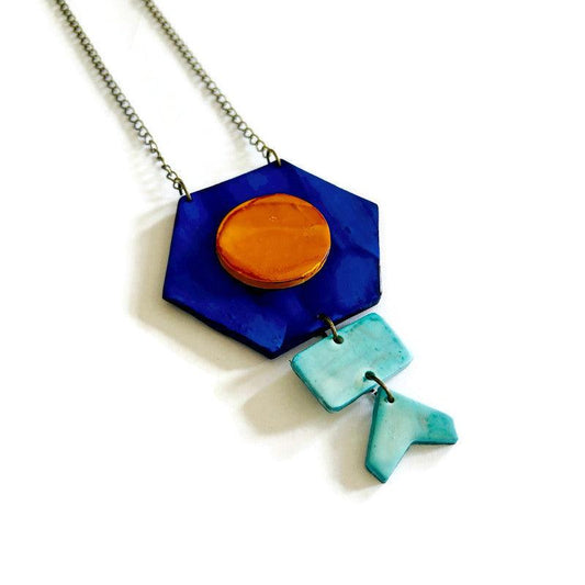 Unique Geometric Pendant Necklace in Blue Yellow - Velora Luxury Fashion