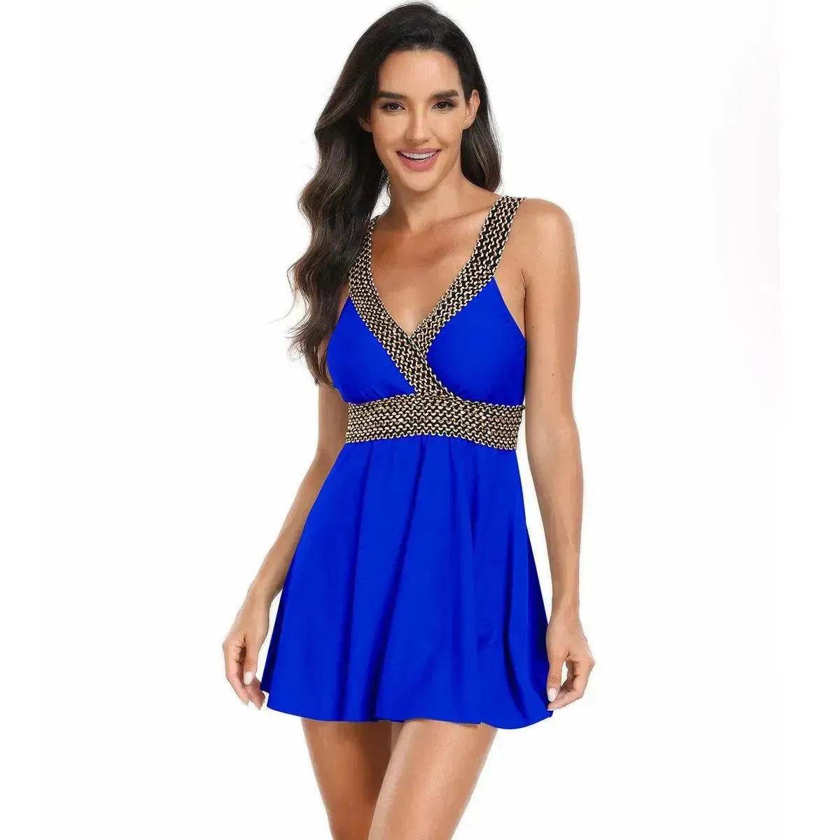 V-neck Printed Swimsuit Dress Summer Beach Vacation Bikini Fashion Womens Clothing - Velora