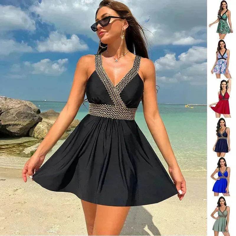 V-neck Printed Swimsuit Dress Summer Beach Vacation Bikini Fashion Womens Clothing - Velora