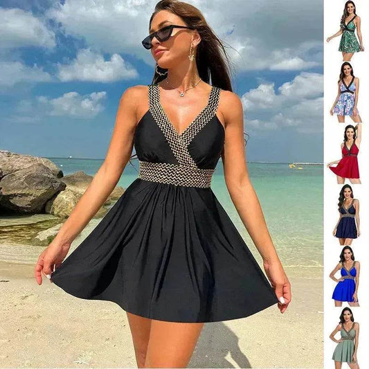 V-neck Printed Swimsuit Dress Summer Beach Vacation Bikini Fashion Womens Clothing - Velora