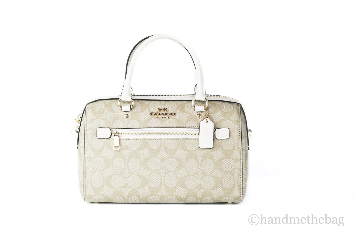 Coach (F83607) Rowan Signature Leather Light Khaki Chalk Medium Satchel Handbag Purse