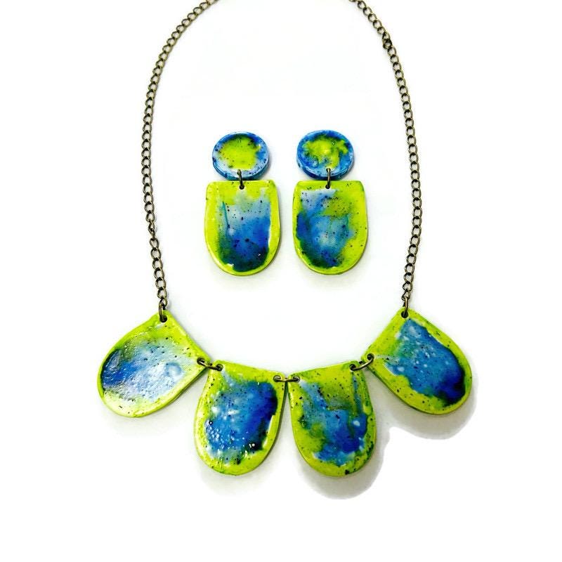 Fluid Art Statement Earrings in Lime Green & Blue - Velora Luxury Fashion