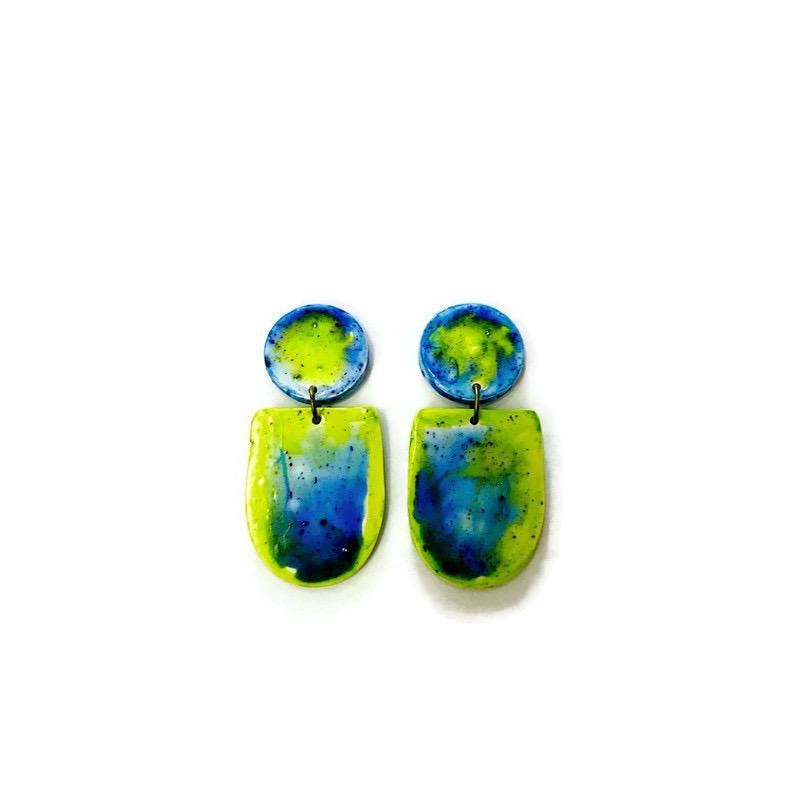 Fluid Art Statement Earrings in Lime Green & Blue - Velora Luxury Fashion