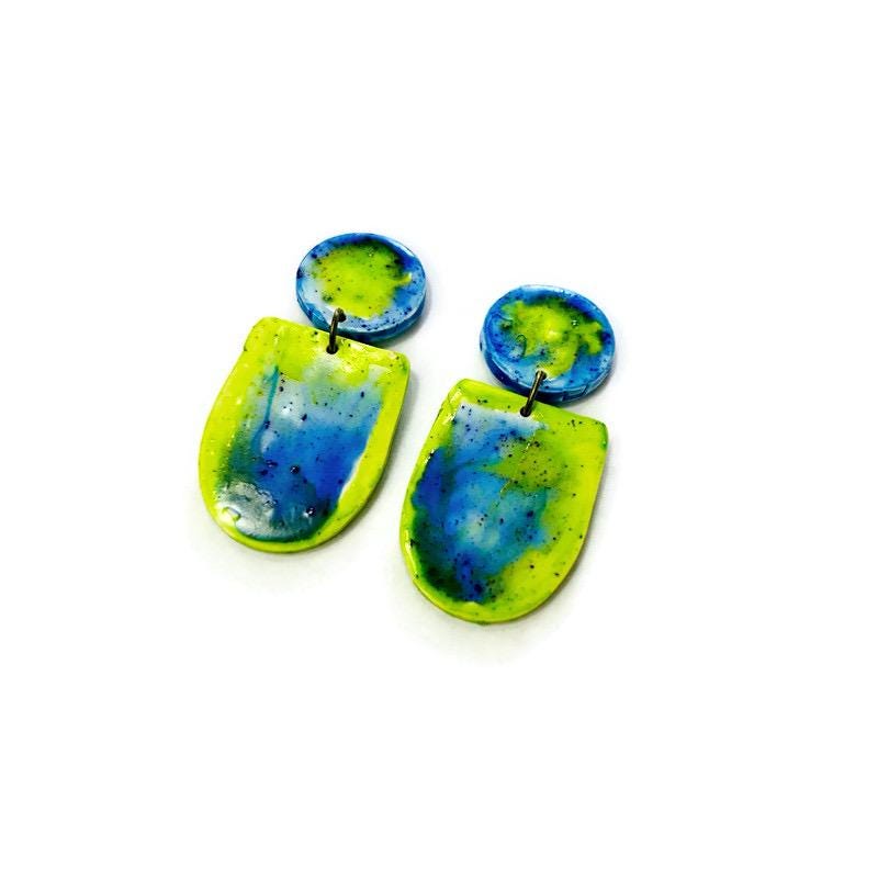 Fluid Art Statement Earrings in Lime Green & Blue - Velora Luxury Fashion