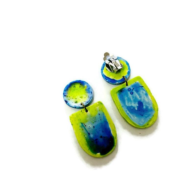 Fluid Art Statement Earrings in Lime Green & Blue - Velora Luxury Fashion