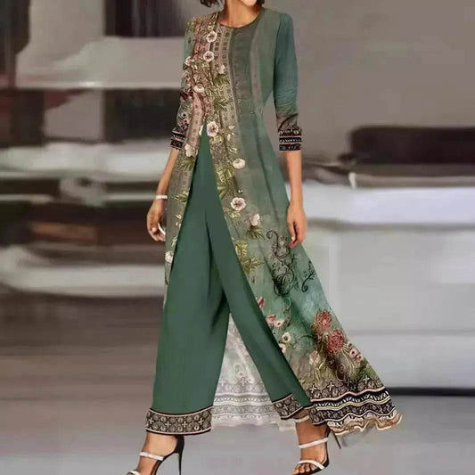 Women Dress Two-piece Emerald Long Style Long Sleeve Printing - Velora