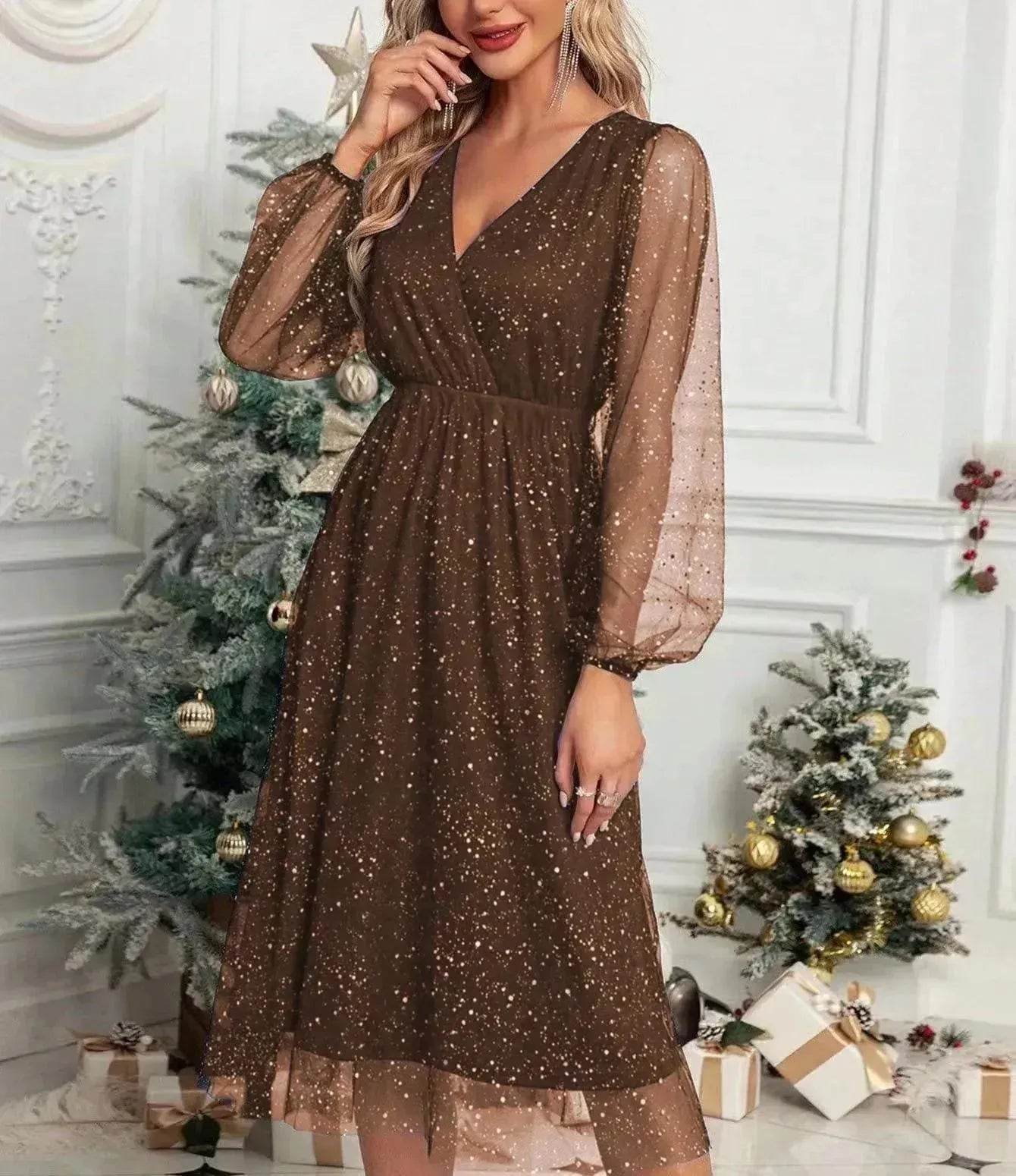 Women Fashion Stitching Mesh V-Neck Midi Dress - Velora