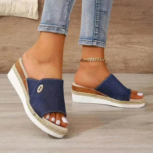 Women Fashionable Denim Canvas Summer Outdoor Hemp High Heel Slippers - Velora