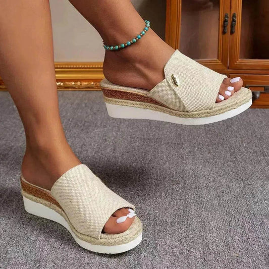 Women Fashionable Denim Canvas Summer Outdoor Hemp High Heel Slippers - Velora