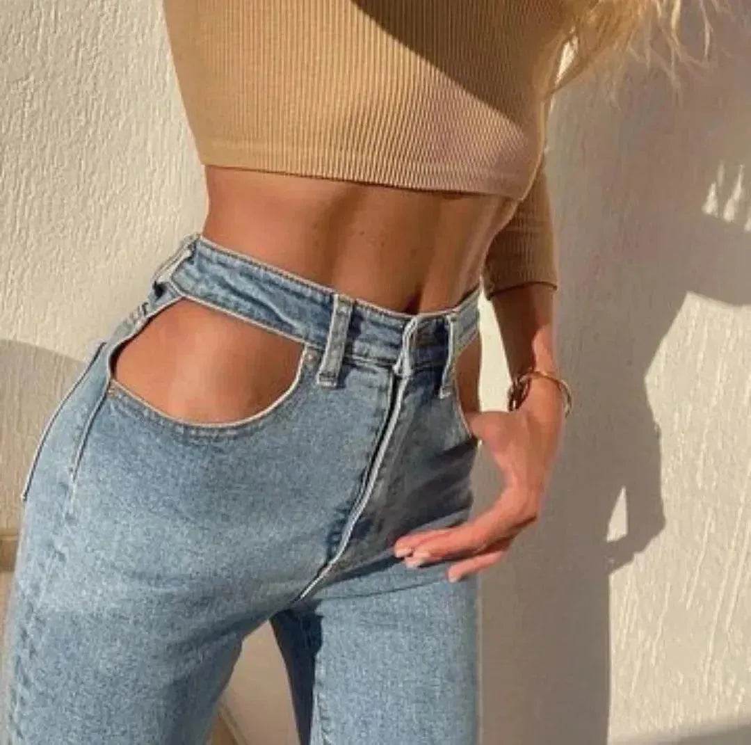 Women High Waist Loose Fit Blue Wash Casual Denim Trousers - Velora