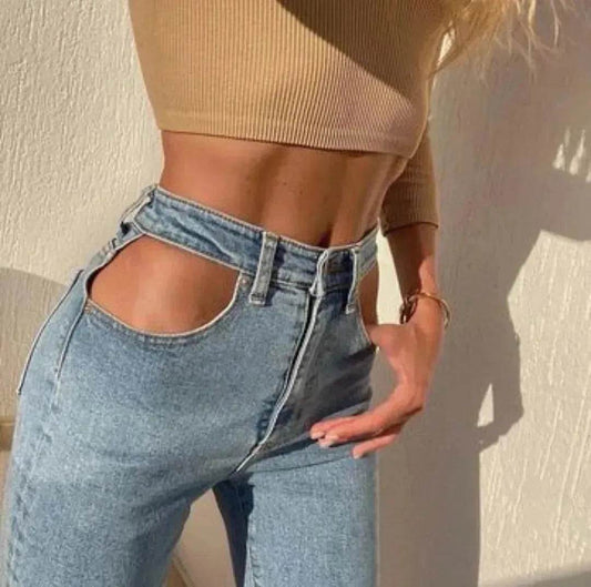 Women High Waist Loose Fit Blue Wash Casual Denim Trousers - Velora