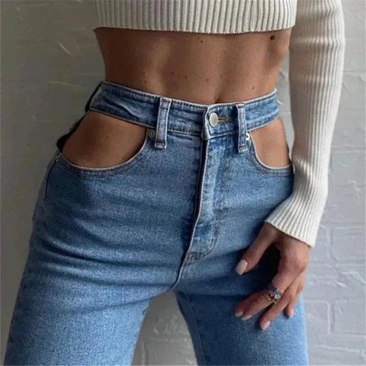 Women High Waist Loose Fit Blue Wash Casual Denim Trousers - Velora