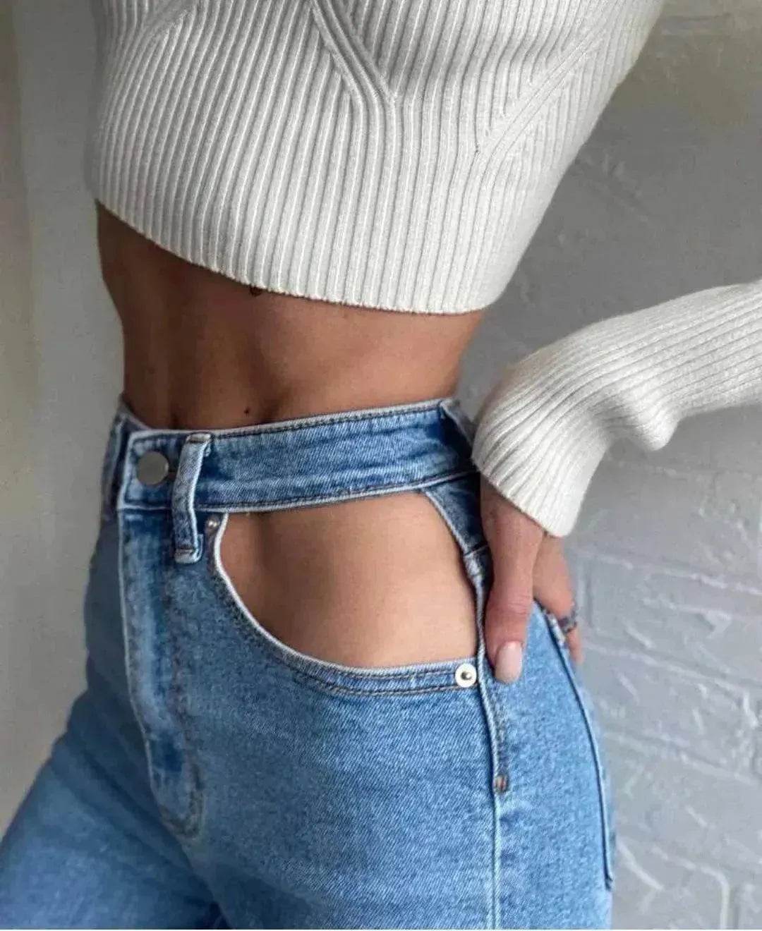 Women High Waist Loose Fit Blue Wash Casual Denim Trousers - Velora