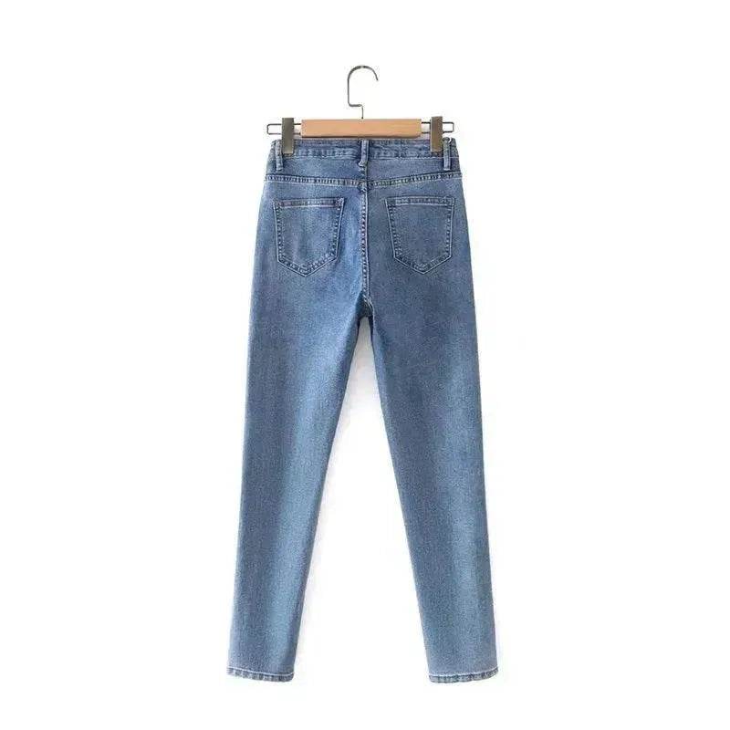 Women High Waist Loose Fit Blue Wash Casual Denim Trousers - Velora