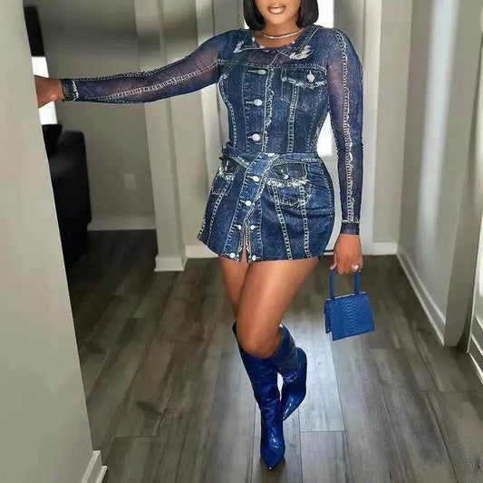 Women's Denim-like Printed Long-sleeved Jumpsuit - Velora