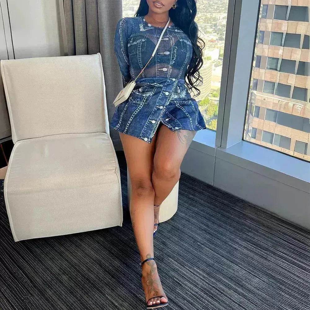 Women's Denim-like Printed Long-sleeved Jumpsuit - Velora