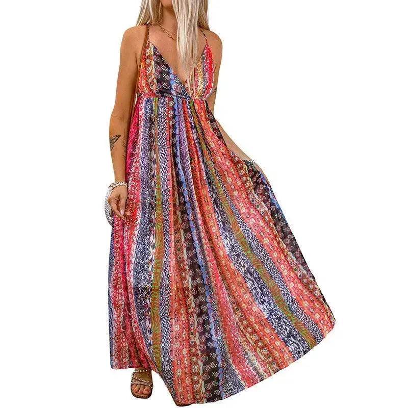 Women's Fashion High Waist Sling Cross Deep V-neck Dress - Velora