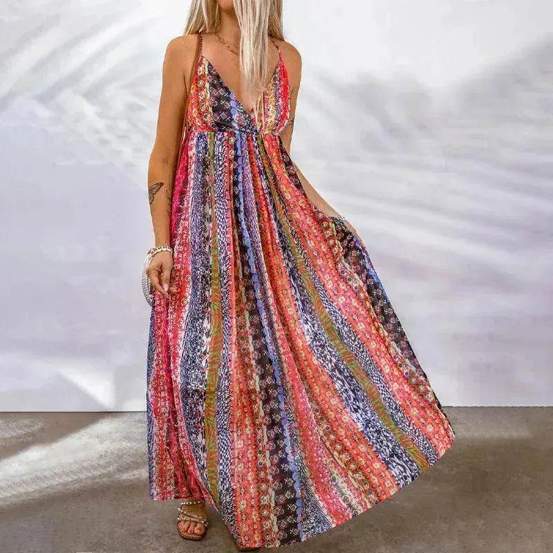 Women's Fashion High Waist Sling Cross Deep V-neck Dress - Velora