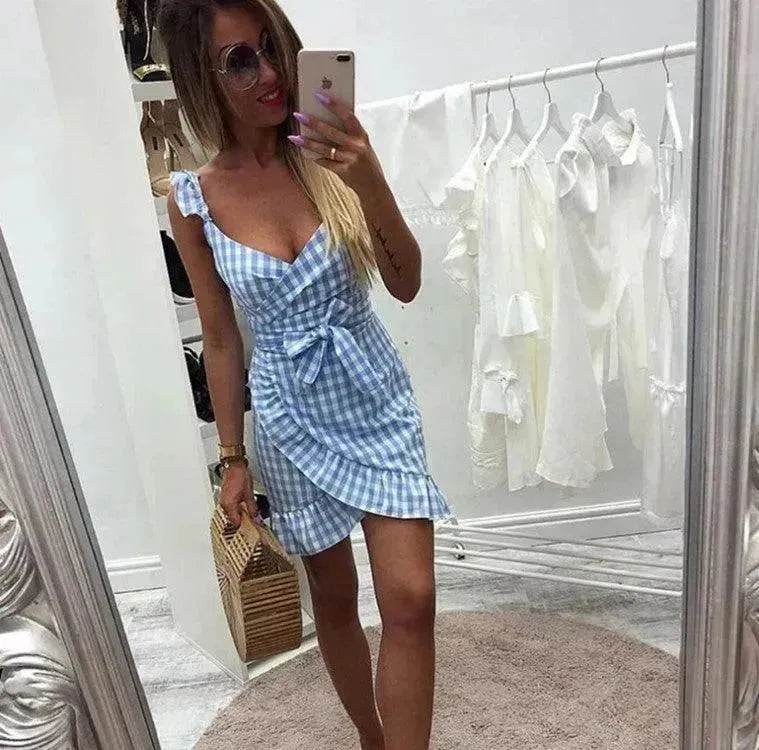 Women's Fashion Personality Summer Sleeveless Plaid Drawstring Casual Mini Dress - Velora