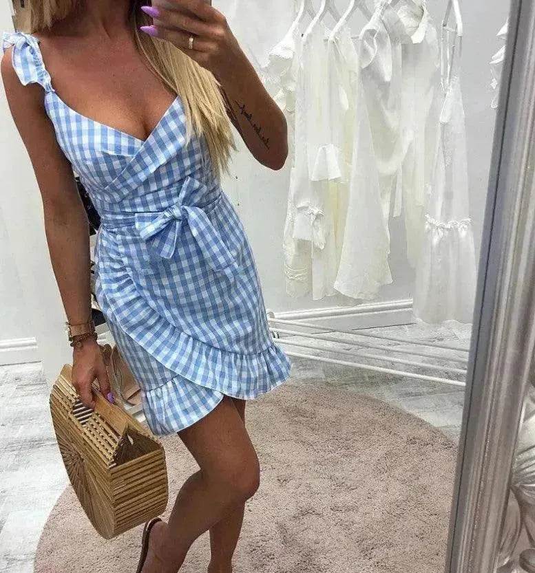 Women's Fashion Personality Summer Sleeveless Plaid Drawstring Casual Mini Dress - Velora
