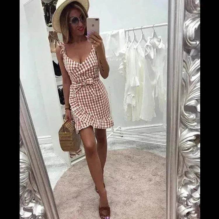 Women's Fashion Personality Summer Sleeveless Plaid Drawstring Casual Mini Dress - Velora