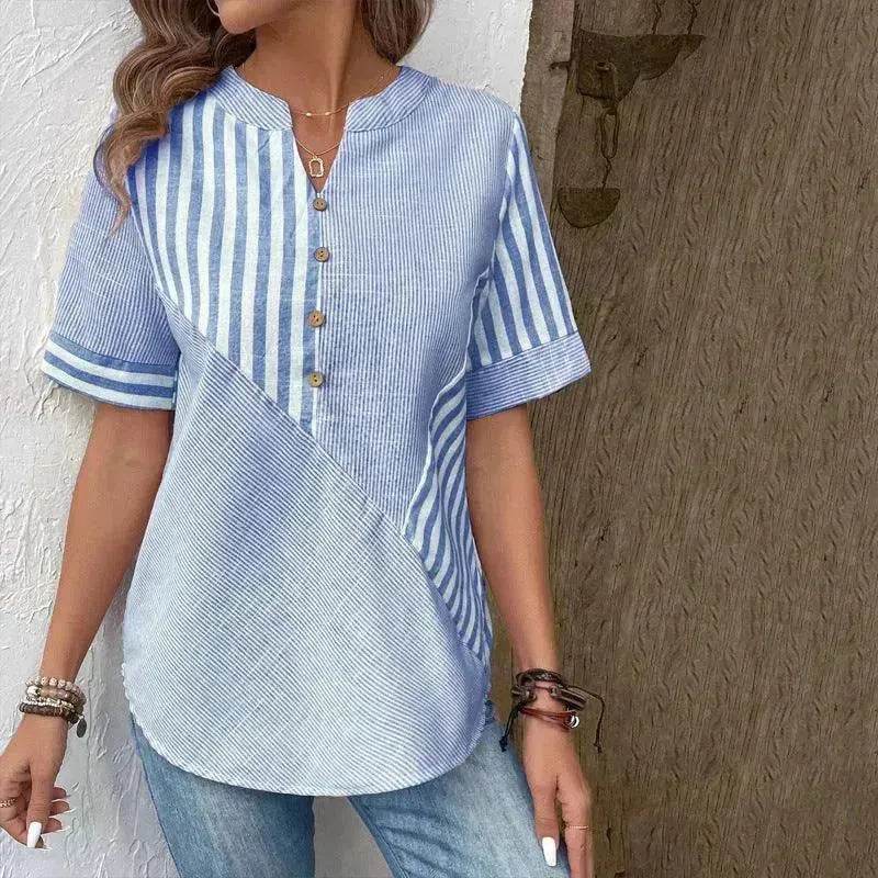 Women's Fashion V-neck Asymmetric Stripes Patchwork Top - Velora