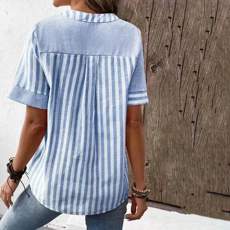 Women's Fashion V-neck Asymmetric Stripes Patchwork Top - Velora
