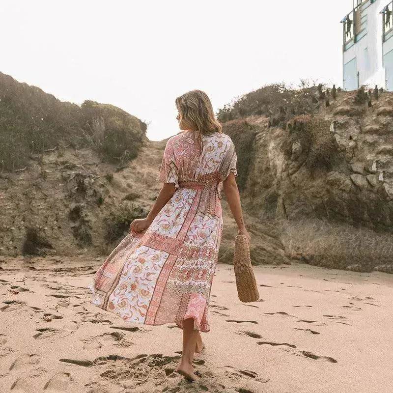 Women's Flowers Printed Dress Bohemian Irregular Beach Clothes - Velora