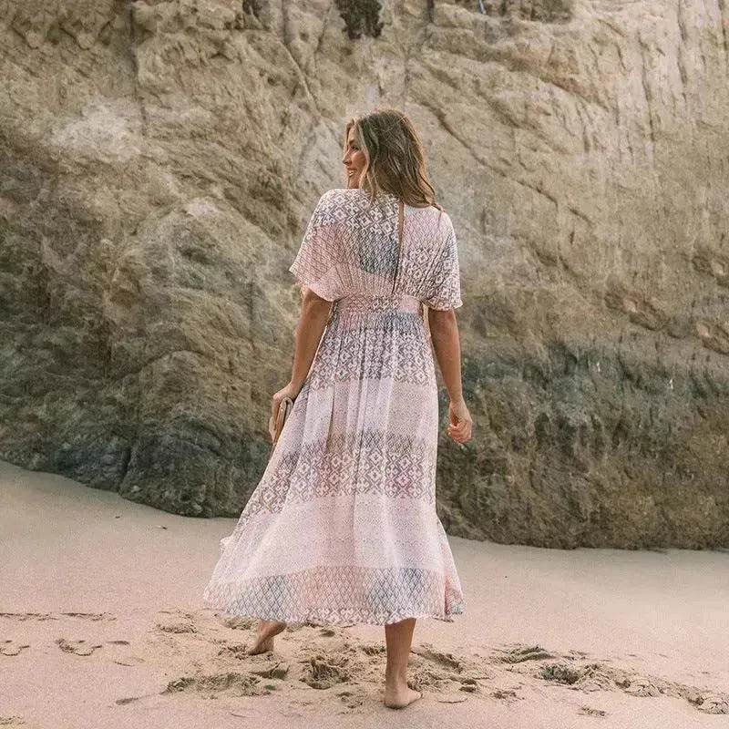 Women's Flowers Printed Dress Bohemian Irregular Beach Clothes - Velora