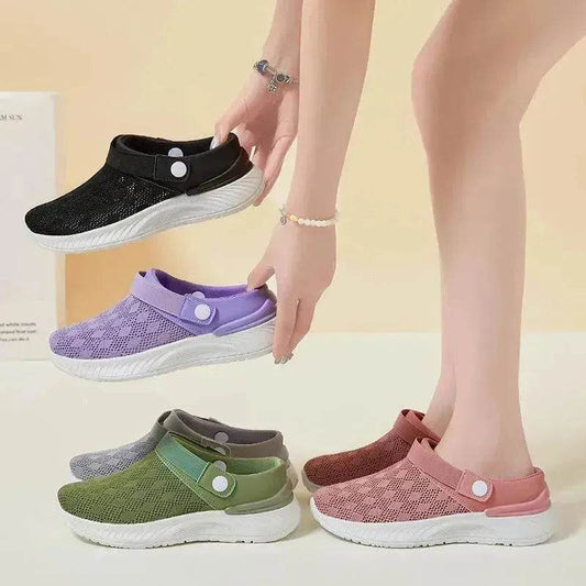 Women's Mesh Sandals Summer Breathable Lazy Slippers One-step Round Toe Half-slip Beach Slippers . - Velora