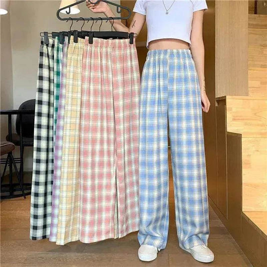 Women's Plaid Wide Leg Casual Pants - Velora