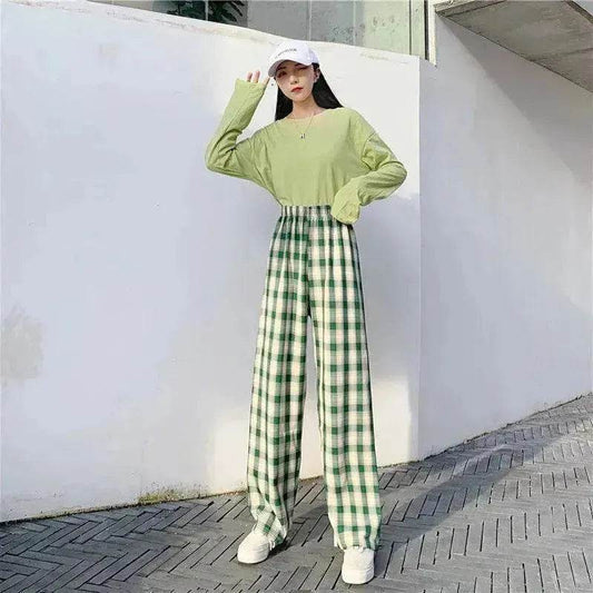 Women's Plaid Wide Leg Casual Pants - Velora