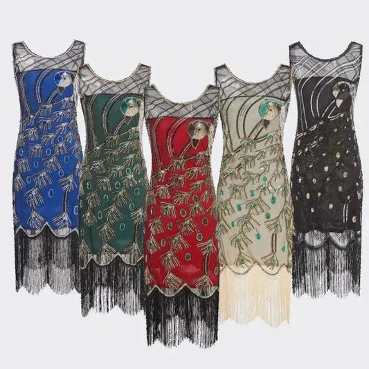 Women's Sequined Mesh Sleeveless Peacock Dress - Velora