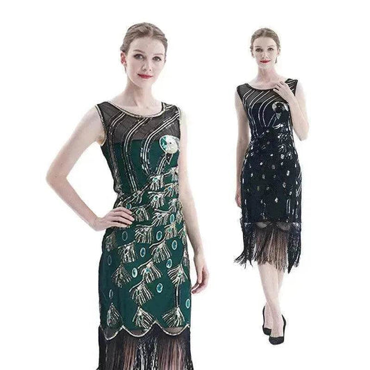 Women's Sequined Mesh Sleeveless Peacock Dress - Velora
