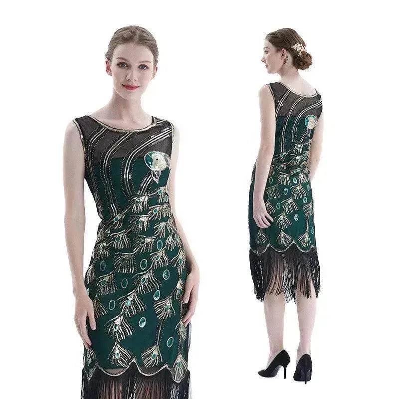 Women's Sequined Mesh Sleeveless Peacock Dress - Velora