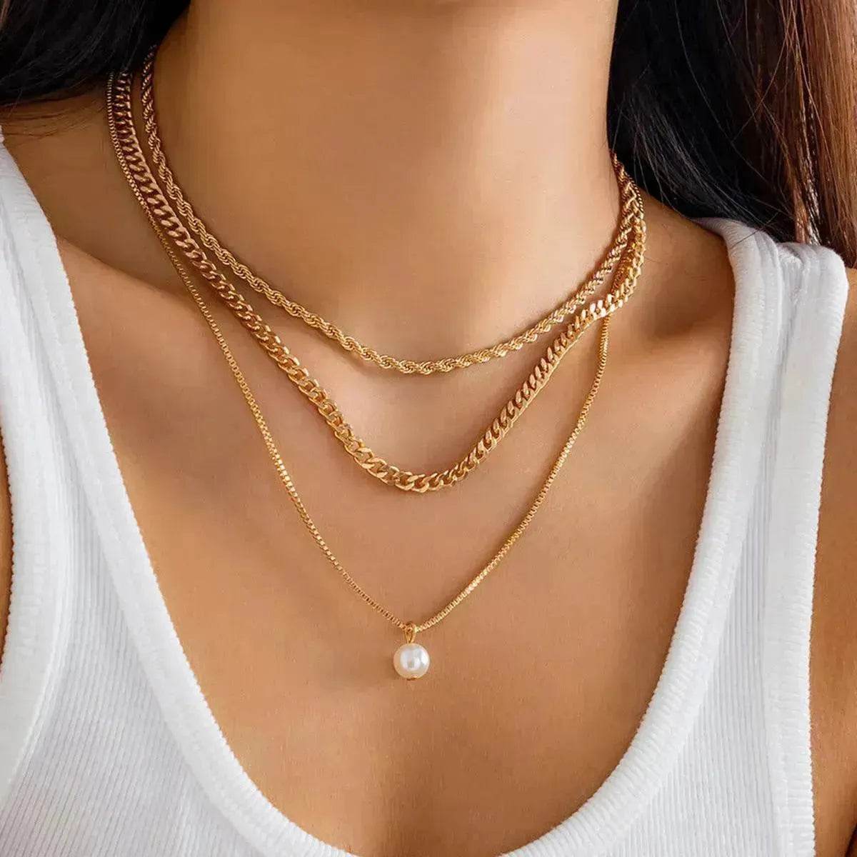 Women's Simple Slim Chain Multi-layer Imitation Pearl Necklace - Velora