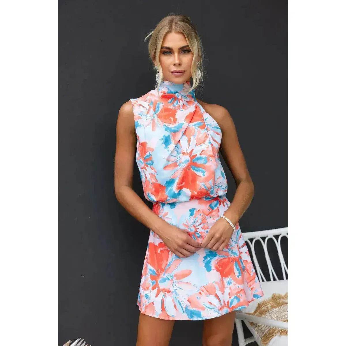 Women's Slant Shoulder Lace-up Printed Casual Loose Summer Vacation Mini Dress - Velora