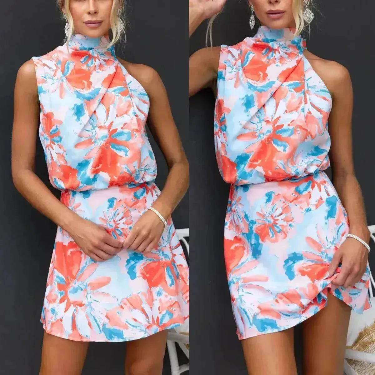 Women's Slant Shoulder Lace-up Printed Casual Loose Summer Vacation Mini Dress - Velora