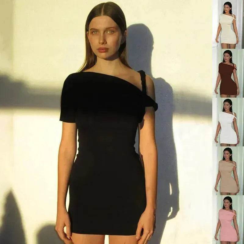Women's Slim Hip Dress Summer Fashion One-shoulder Short Sleeve Solid Color Mini Dress - Velora