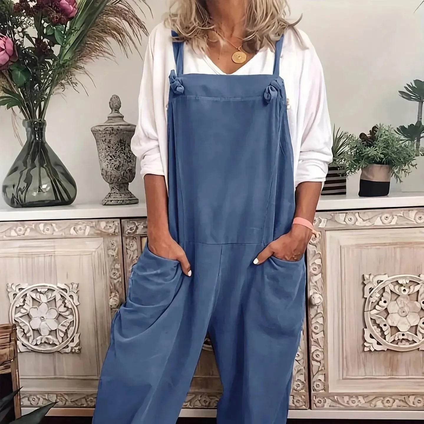 Women's Solid Color Casual Pocket Lace-up Adjustable Jumpsuit - Velora