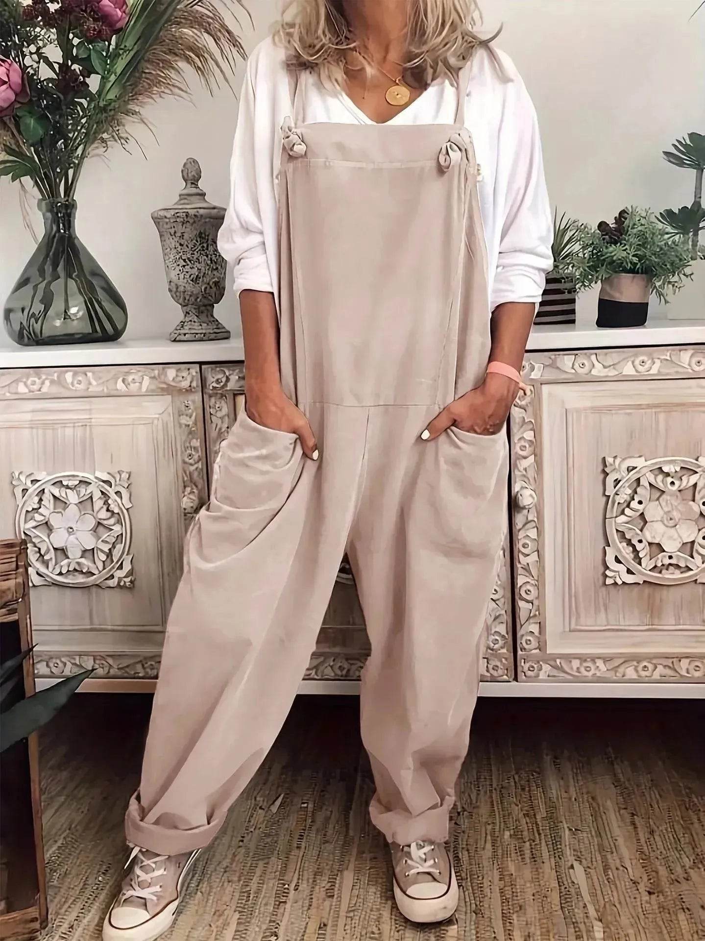Women's Solid Color Casual Pocket Lace-up Adjustable Jumpsuit - Velora