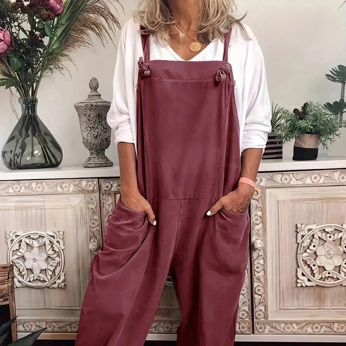 Women's Solid Color Casual Pocket Lace-up Adjustable Jumpsuit - Velora