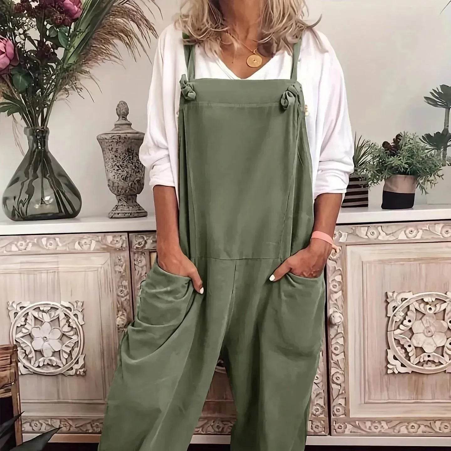 Women's Solid Color Casual Pocket Lace-up Adjustable Jumpsuit - Velora